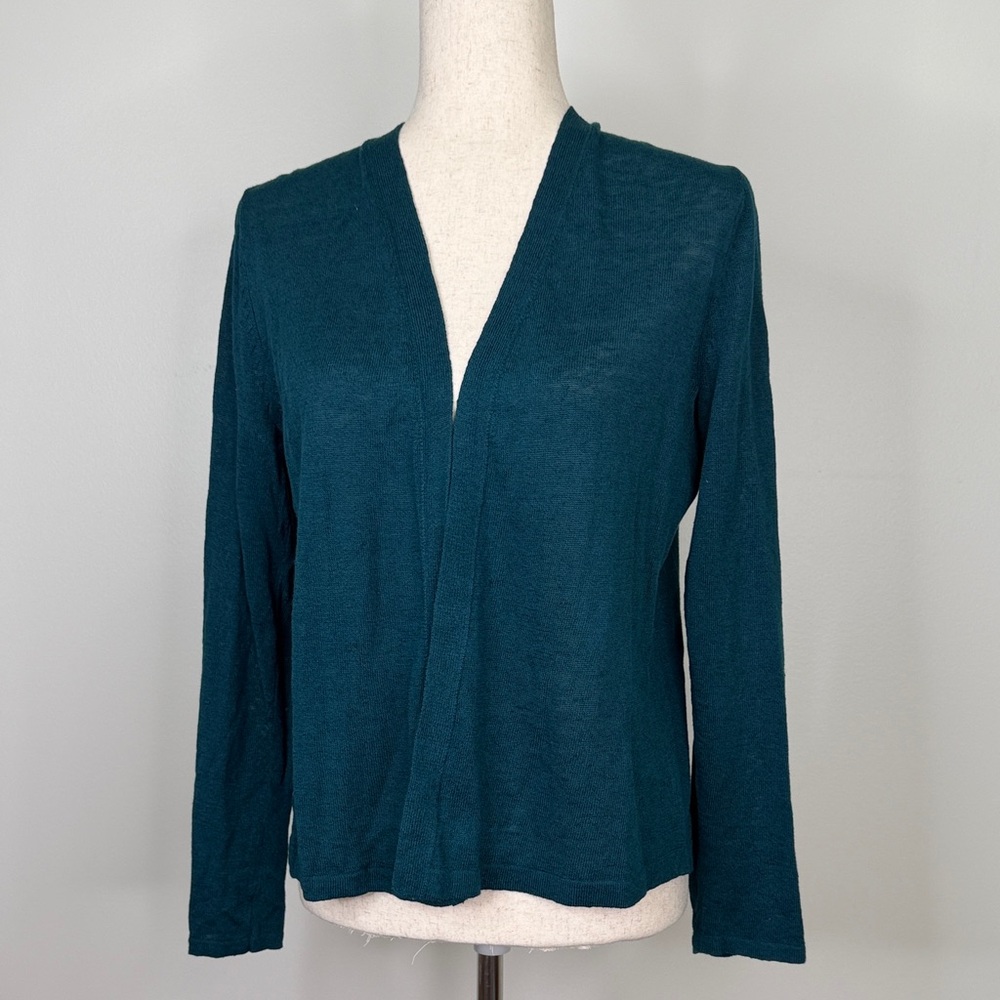 J.Jill Linen Blend Teal Open Front Cardigan Sweater NWT